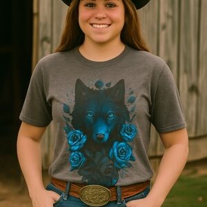 Lone Wolfe In Teal Roses Graphic T-Shirt